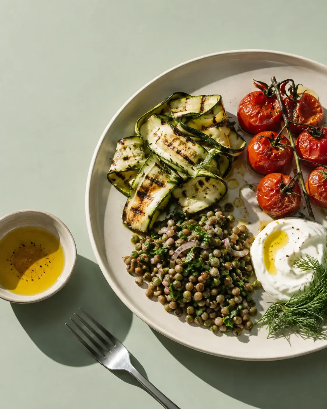 Izgara sebze, mercimek salatası ve yoğurt içeren bir tabak.